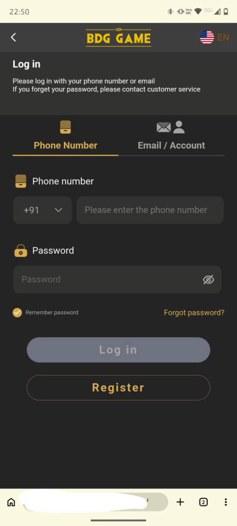 Image of BDG Game login Page