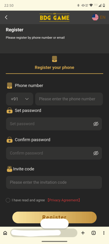 Image of BDG Game Registration Page